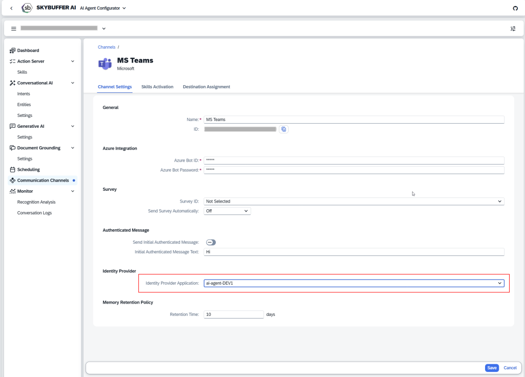 Assign Identity Provider in AI Agent Channel Configuration – Documentation